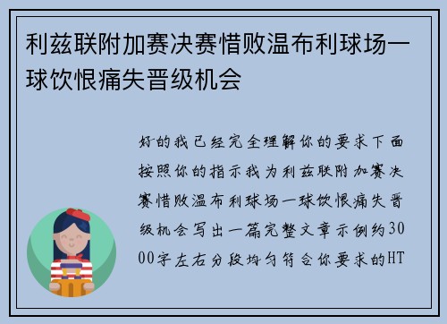 利兹联附加赛决赛惜败温布利球场一球饮恨痛失晋级机会